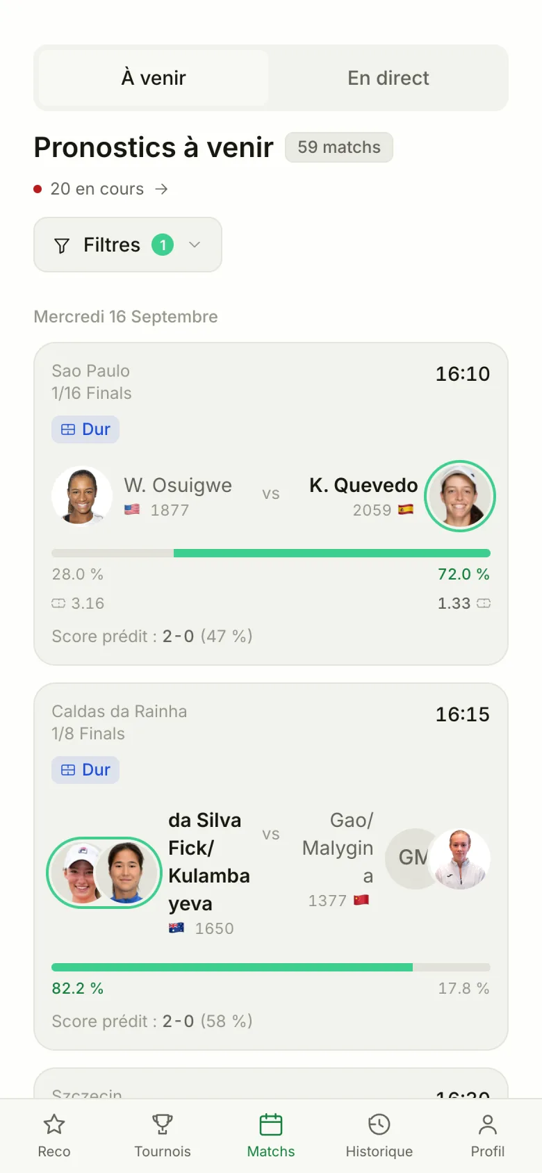 L'application Pronocast sur un téléphone, liste des pronostics à venir